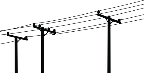Silhouette of Electric Power Lines and Utility Poles with Cables Isolated on White Background for Industrial Infrastructure Design Concepts