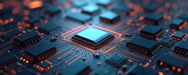 Abstract illustration of a printed circuit board with integrated chips and processor elements. Digital tech design features electronic components. High-tech concept computer server background.