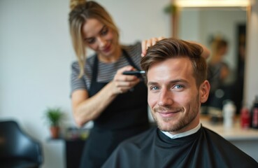 Handsome man gets haircut at barbershop. Female barber trims hair. Client smiles happy with new modern trendy style. Grooming service in salon for male beauty and hair health. Barbers care about look.
