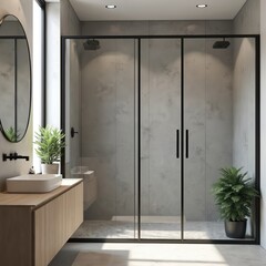 Modern bathroom interior shows glass shower wooden vanity and sink. Fresh design has oval mirror plants and window. Clean space offers comfort relaxation and spa experience.