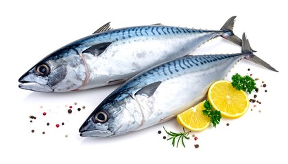 Two fresh mackerel fish with vibrant blue and silver hues, complemented by lemon slices, parsley, and peppercorns on a stark white backdrop