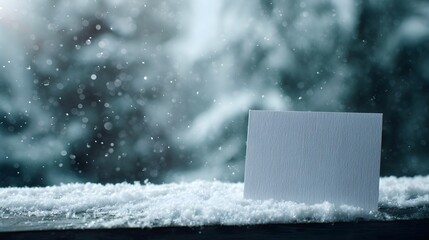 A blank white card sits in fresh snow framed by a softly blurred winter forest with falling snowflakes