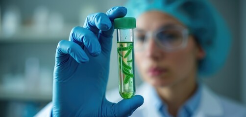 Scientist in labcoat examines bacteria culture in test tube. Healthcare worker wears gloves and cap, studies microorganisms in liquid sample for medical research and disease prevention.