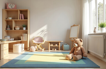 Cozy kids room with light furniture and bright carpet. Teddy bear sits on floor. Kids chair, white board and toys in a sunny children playroom. Nursery interior design.