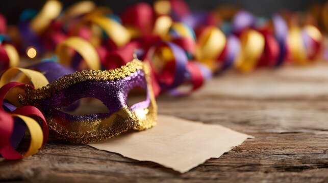 Festive masquerade mask with colorful streamers and blank card on a wooden table for invitations