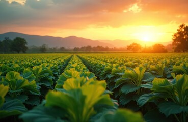 Green cultivated farm field grows under beautiful sunset sky. Rows of thriving agricultural plants stretch to horizon. Golden sun light shines on green leaves, rural landscape with mountains. Nature