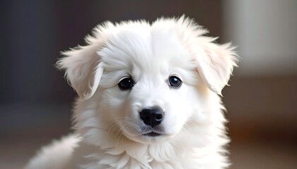 Close-up portrait of a fluffy, white puppy with dark eyes, soft fur, and a curious expression. The blurred background enhances the focus