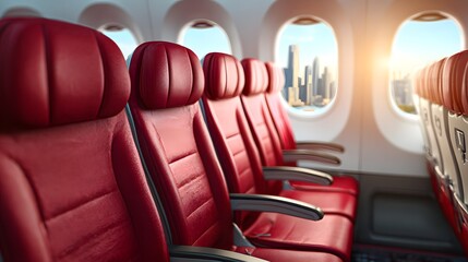 Fototapeta premium Red airplane seats by windows show city skyline at sunrise.