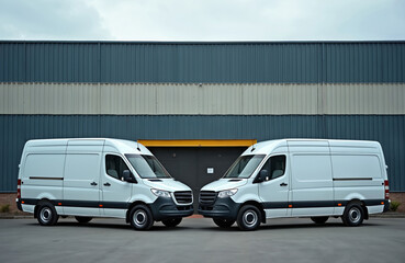 Two white cargo vans parked side-by-side outside a modern industrial building. Commercial vehicles ready for logistics and delivery services. Efficient transport fleet.