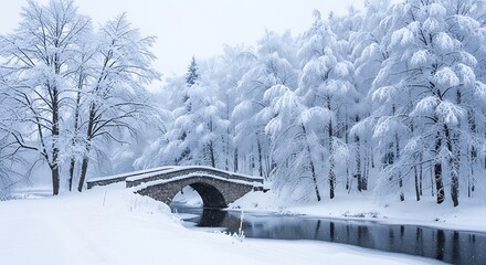 Stone bridge covered in snow over a calm river in a winter forest