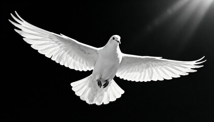 Fototapeta premium Graceful white dove soaring against dramatic black background with wings fully spread and illuminated by soft sunlight