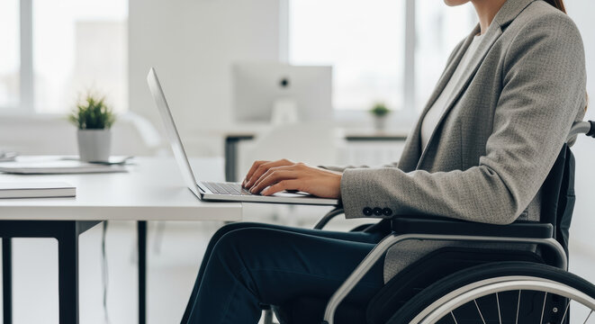 Businesswoman using laptop in wheelchair at modern office workspace with natural light and professional atmosphere