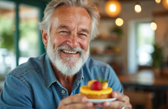 Mature bearded man smiles holding cake in cafe. Elderly person in casual outfit eats sweet dessert in cafeteria. Grandparent enjoys retirement and breakfast looking at camera. Senior person is happy.