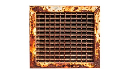 Isolated, square-shaped metal grill with a rusted frame, set against a clean white background. Detailed texture