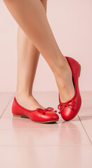 Elegant woman wearing stylish red ballet flats with bow detail on pink tiles, showcasing contemporary fashion footwear