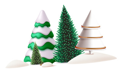 Set of Christmas trees with snow, pine and fir trees in winter forest, modern decorative holiday tree collection isolated on transparent background PNG, Merry Christmas and Happy New Year design