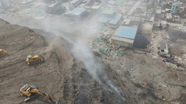 Aerial drone clip of Jahangirpuri landfill in Delhi  Garbage dump