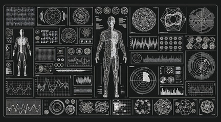 Vector art of advanced human body scan interface displaying detailed anatomical data and vital signs, showcasing cuttingedge medical technology and diagnostic capabilities on a dark background