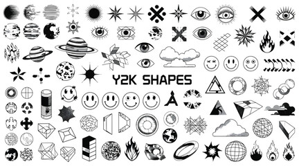 Vector art of collection of y2k shapes in black and white, featuring pixelated designs, eyes, flames, and smileys, perfect for adding a retrofuturistic touch to your creative projects