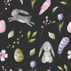 Watercolor Easter seamless pattern with rabbits, eggs, feathers and flowers