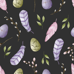 Hand-painted watercolor Easter pattern with eggs, feathers and twigs