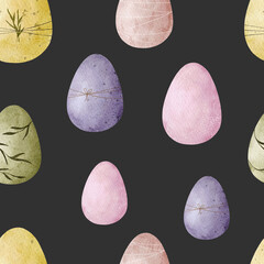 Hand-painted watercolor Easter eggs seamless pattern on black background