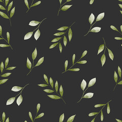 Hand-painted green watercolor leaves seamless pattern on black background