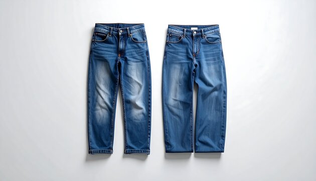 Two pairs of blue denim jeans, one with a slimmer cut compared to the other, displayed on a plain white background