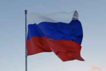 Russia national flag waving in the wind against a clear blue sky, symbolizing freedom, heritage,...