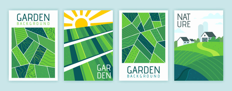 Farm pattern. Landscape of field. Aerial view on land. Rural garden background. Green plants organic texture. Abstract agriculture. Banner or flyer collection. Vector ECO design of garish poster set