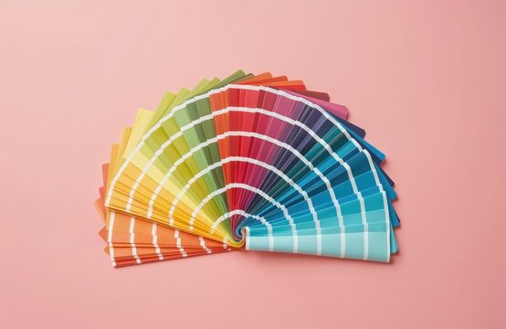 Open color fan fanned out shows rainbow spectrum. Samples of paint colors arranged on pink backdrop. Tool for interior designers, artists and decorators.