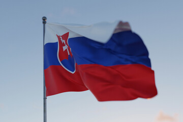Slovakia national flag waving in the wind against a clear blue sky, symbolizing freedom, heritage, and pride. Patriotic concept. Travel, creative idea. Politics and Ethnicity