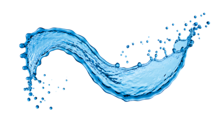 Dynamic blue water splash in a swirling wave motion with droplets isolated on white background