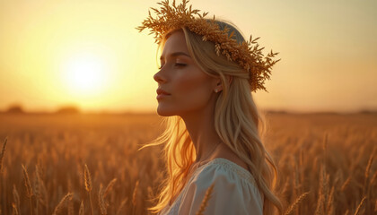 Obraz premium Blonde woman wears wheat crown stands in field at sunset. Calm girl with eyes closed in golden hour. Nature light shines on face. Agriculture concept.