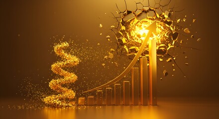 Bar Chart with Upward Arrow Shattering Barriers for Business Success and Financial Breakthrough.
