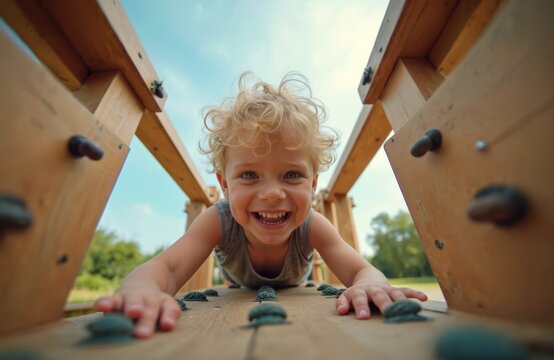 Happy blond child climbs wooden structure on sunny playground. Little boy laughs playing outdoor game. Active kid develops motor skills and enjoys recreation.