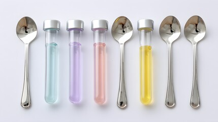 Silver spoons hold colorful liquids in laboratory tubes arranged in a line.