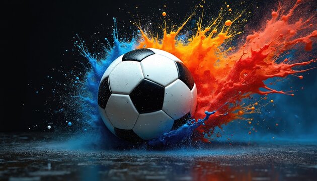 Soccer ball surrounded by colorful paint splashes in blue, orange and red. Vibrant colors create dynamic effect around football. Paint explosion creates artistic background for sport theme.