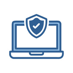 Laptop with a security shield icon representing online protection and safety in blue tones
