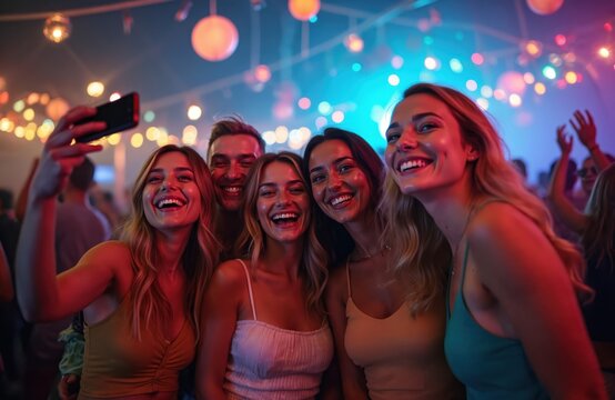 Group of young friends take selfie at vibrant party. Women and man smile and enjoy night with colorful lights and decorations. Friends laugh and have fun together at social event. - Powered by Adobe