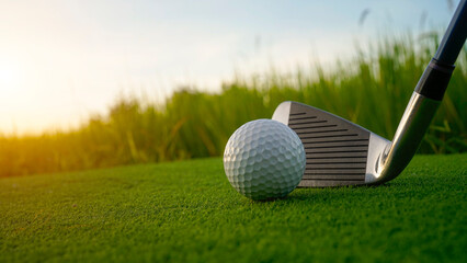 Golf clubs and balls on a green lawn in a beautiful golf course with morning sunshine.