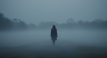 Solitary Woman's Mysterious Journey into a Dense Foggy Landscape, Evoking Loneliness and Deep Contemplation