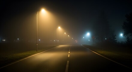 Foggy Night Road Illuminated by Warm and Cool Streetlights with Ethereal Glow