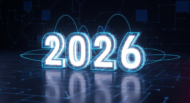 Futuristic glowing digital numbers 2026 with abstract network connections in a dark technological environment.