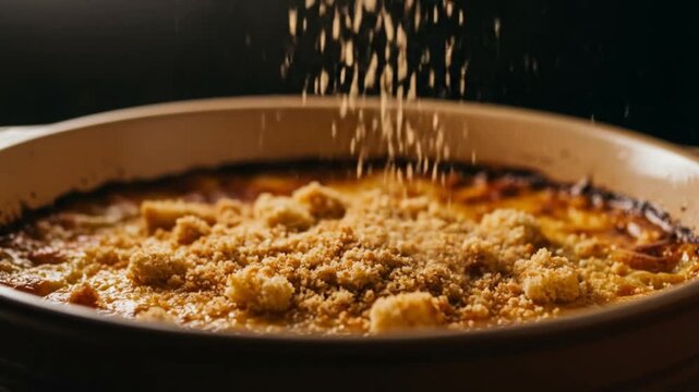 Close up of granular topping being sprinkled on a baked food dish.