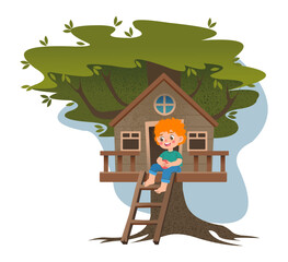 Children tree house. Cozy building on forest wood branch. Small camp home at wood. Kid playing in playground hut. Childhood joy. Happy kindergarten boy. Treehouse shelter. Outdoor game. Vector concept