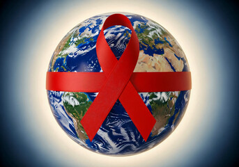 Planet Earth wrapped with a red ribbon symbolizing global unity in HIV and AIDS awareness and prevention campaign
