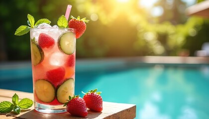 Refreshing summer cocktail photo with strawberries cucumbers mint and ice near pool. Healthy drink on table in sun. Refreshment for party or vacation time. Good relaxation and enjoyment.