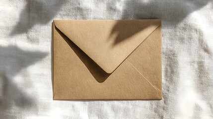 Brown envelope casting shadows on a textured white fabric surface.
