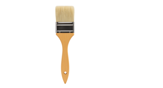 A clean flat paintbrush with a wooden handle and soft bristles isolated on a white background